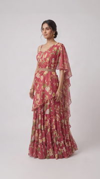 Pink embroidered floral pre-draped saree for weddings, receptions and festive occasions by Nishly Fashion House