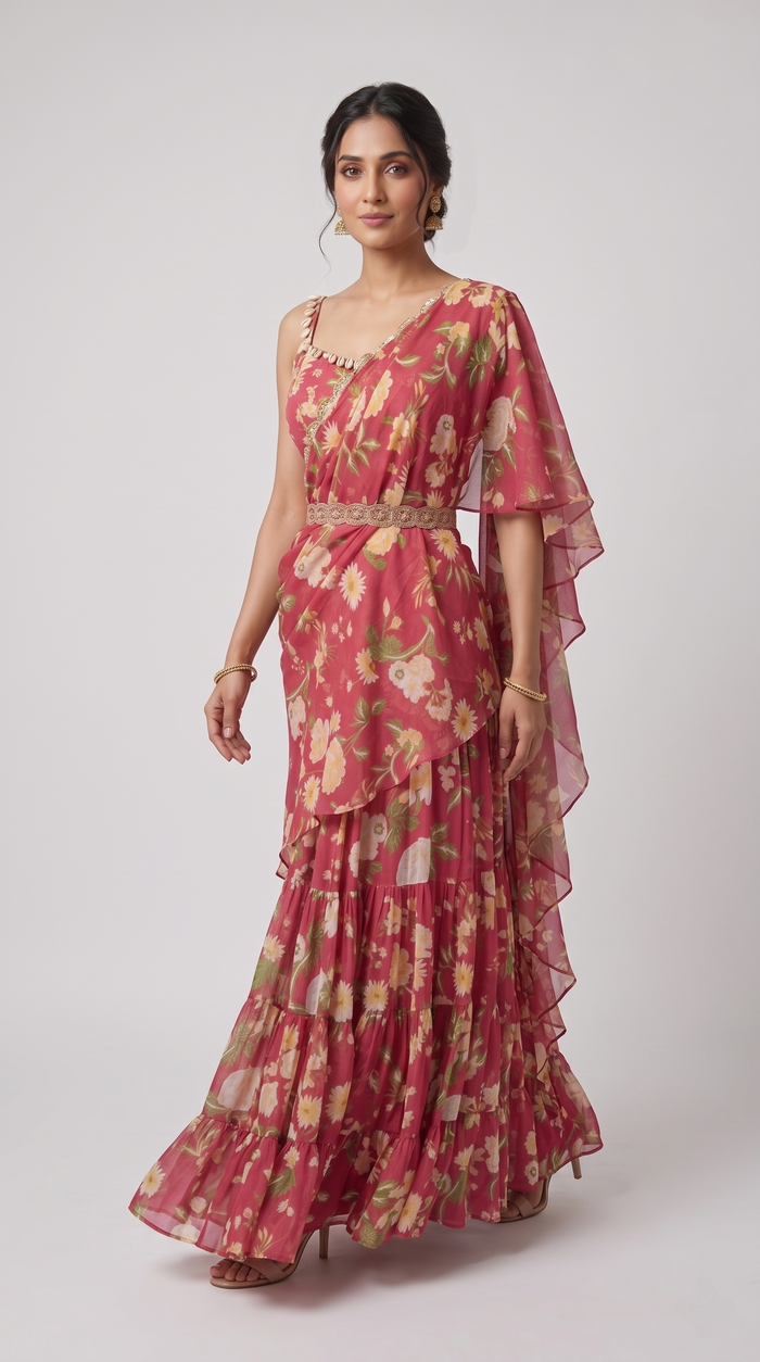 Pink pre-draped saree featuring floral embroidery, designer Indian ethnic wear for wedding guests and engagement celebrations
