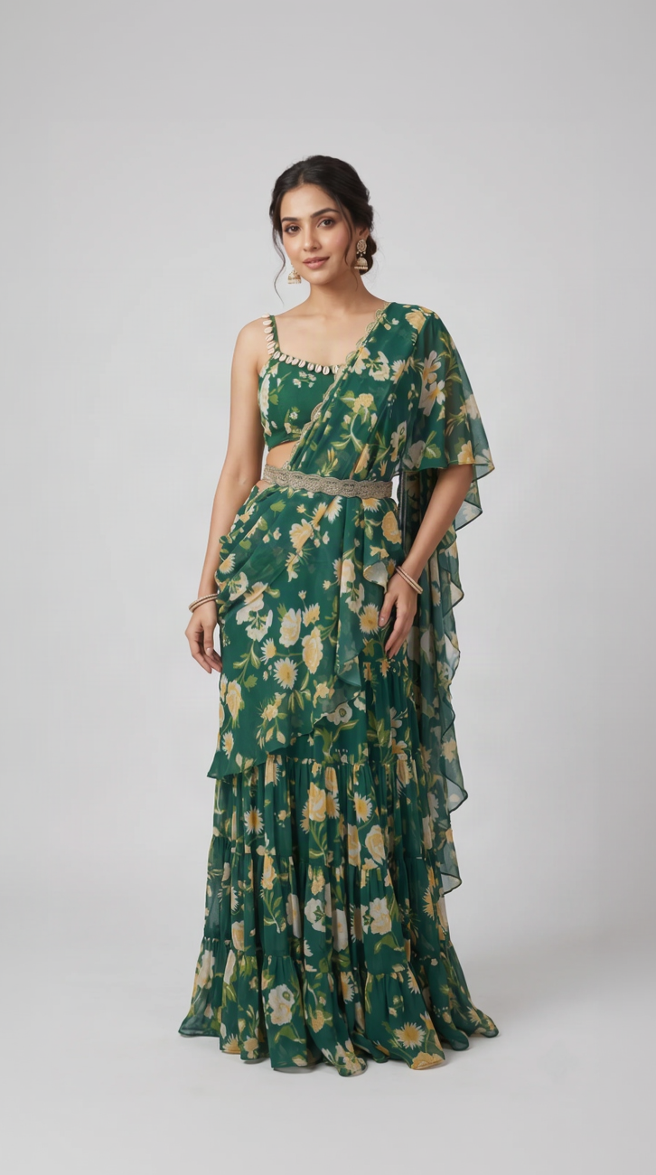 Green embroidered floral ready-to-wear saree for weddings, receptions and festive occasions by Nishly Fashion House
