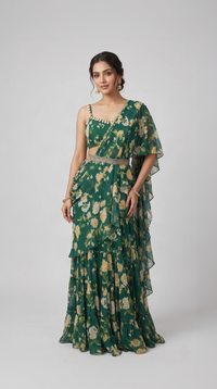 Green embroidered floral ready-to-wear saree for weddings, receptions and festive occasions by Nishly Fashion House