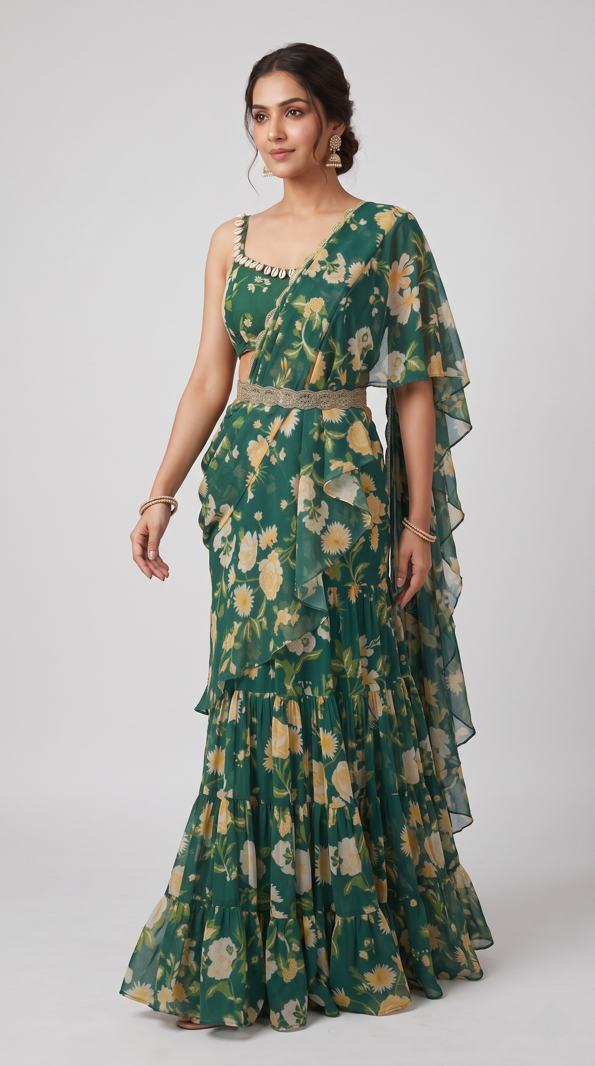 Green floral embroidered saree with a ready-to-wear drape, designer occasion wear for receptions and festive celebrations