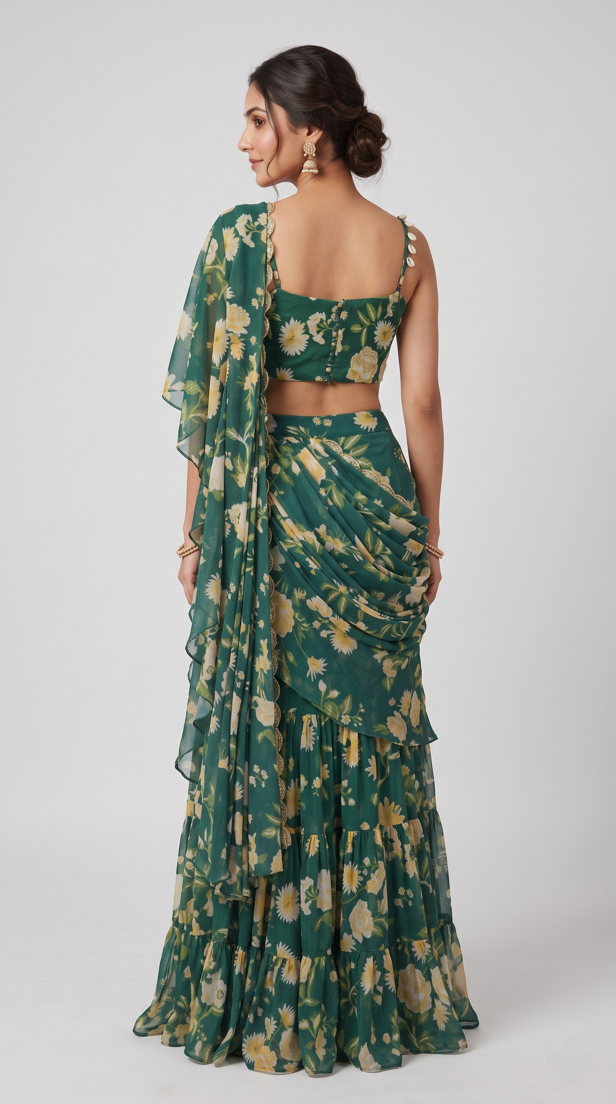 Green floral embroidery on a ready-to-wear saree, contemporary Indian ethnic outfit for weddings and special occasions