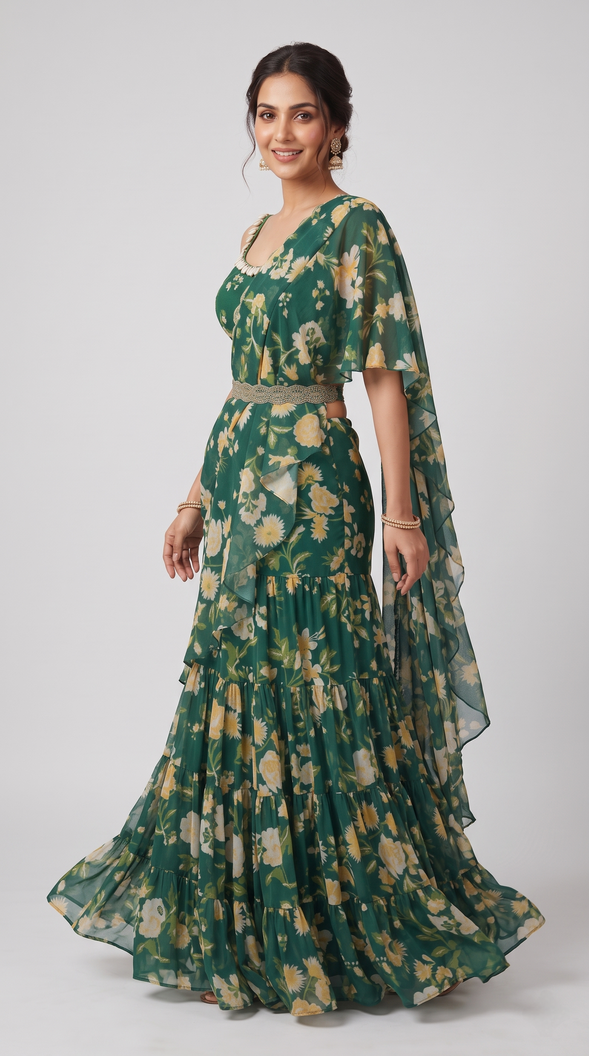 Green ready-to-wear saree featuring floral embroidery, elegant Indian ethnic wear for wedding guests and engagement celebrations