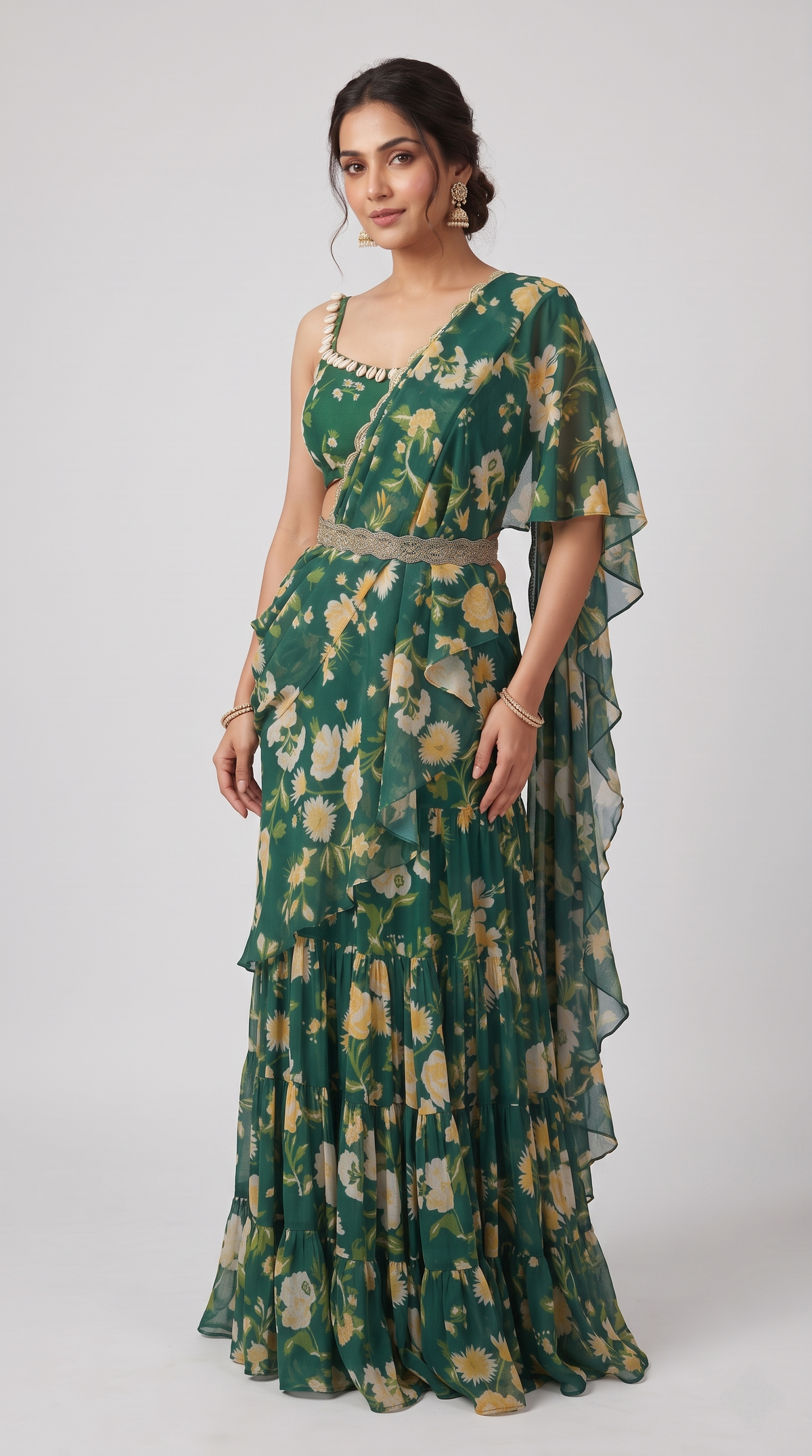 Green floral embroidered ready-to-wear saree by Nishly Fashion House, stylish Indian occasion wear for festive parties and wedding functions