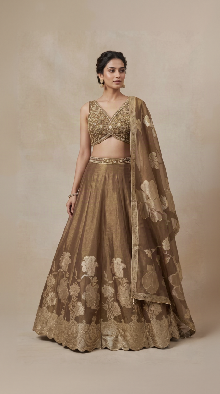 Brown thread embroidered tissue silk lehenga choli set for weddings, receptions and festive occasions by Nishly Fashion House