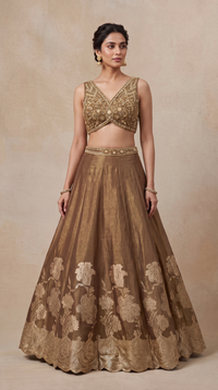 Brown tissue silk lehenga with intricate thread embroidery, traditional Indian ethnic wear for wedding celebrations and engagement parties