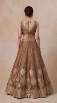 Brown tissue silk lehenga choli set with thread embroidery, designer Indian wedding guest outfit for receptions and festive celebrations