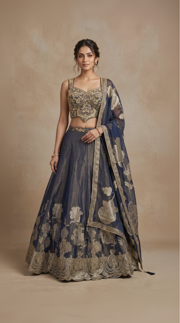 Blue cutdana embellished tissue silk lehenga choli set for weddings, receptions and engagement celebrations by Nishly Fashion House