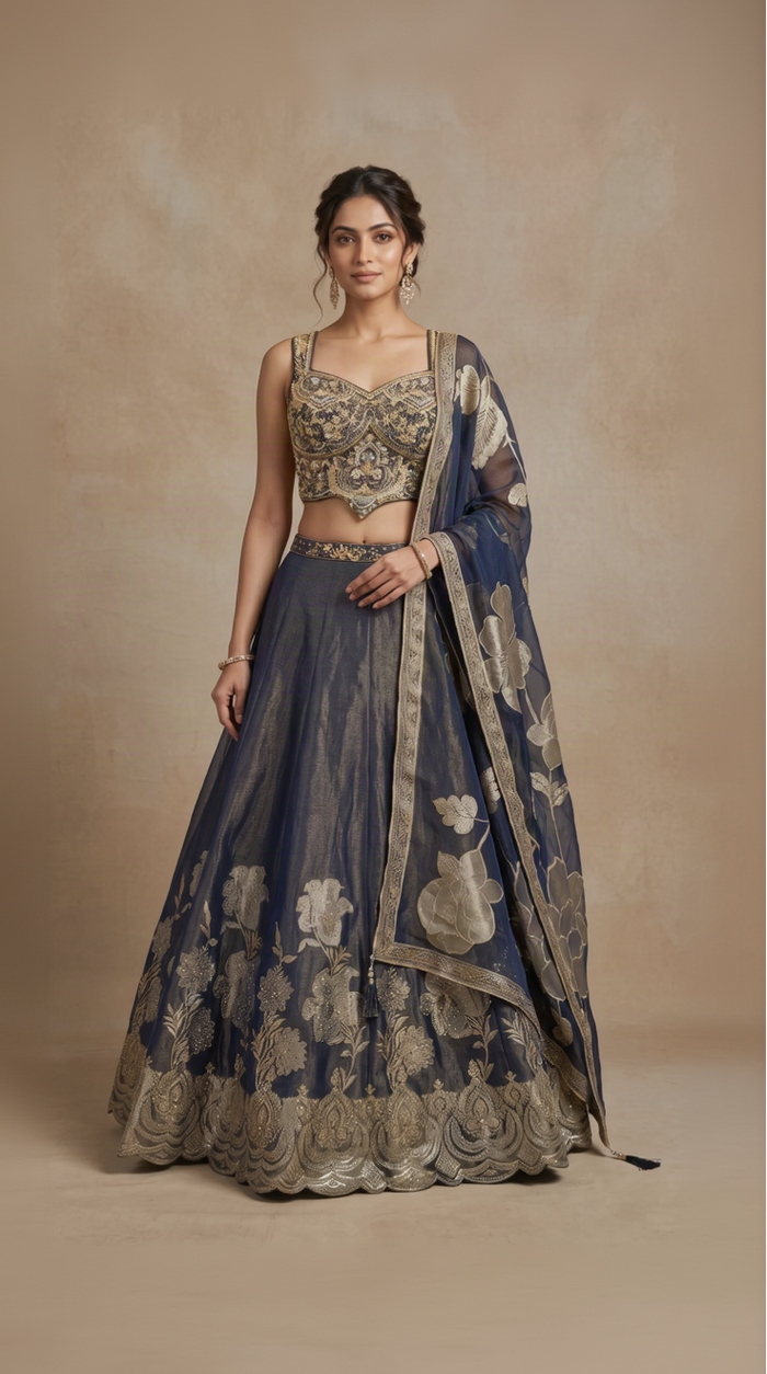 Blue cutdana embellished tissue silk lehenga choli set for weddings, receptions and engagement celebrations by Nishly Fashion House