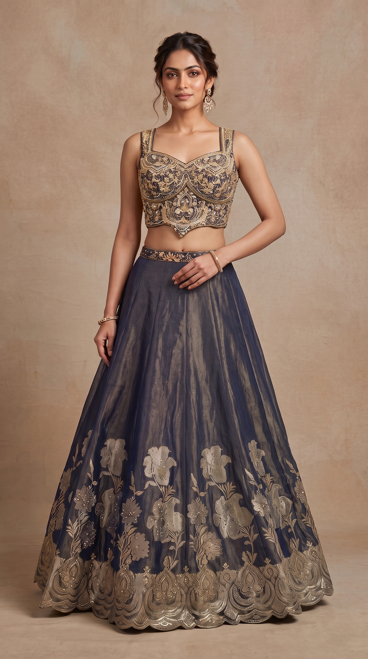Blue tissue silk lehenga choli with intricate cutdana embellishment, ethnic wedding outfit for women by Nishly Fashion House