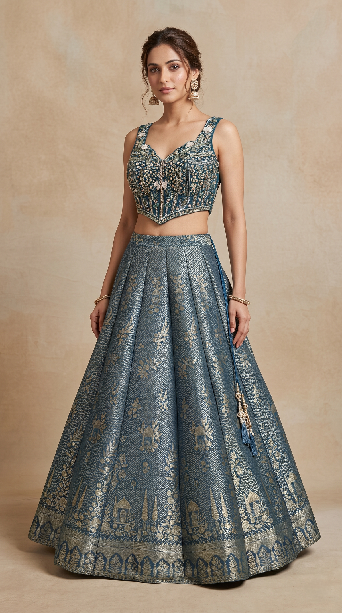 Teal blue Zardosi embroidered lehenga choli showcasing detailed traditional craftsmanship for engagement and sangeet ceremonies