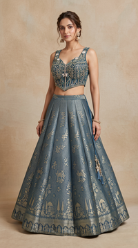 Teal blue Zardosi embroidered lehenga choli showcasing detailed traditional craftsmanship for engagement and sangeet ceremonies