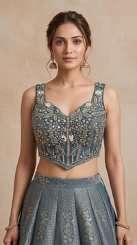Teal blue Banarasi silk lehenga choli set with ornate Zardosi work, traditional Indian outfit for festive parties and wedding guests