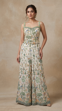 CREAM THREAD EMBROIDERED CORSET GEORGETTE PALAZZO SET