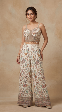 CREAM EMBROIDERED CROP TOP PALAZZO SET