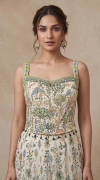 CREAM THREAD EMBROIDERED CORSET GEORGETTE PALAZZO SET