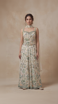CREAM THREAD EMBROIDERED CORSET GEORGETTE PALAZZO SET