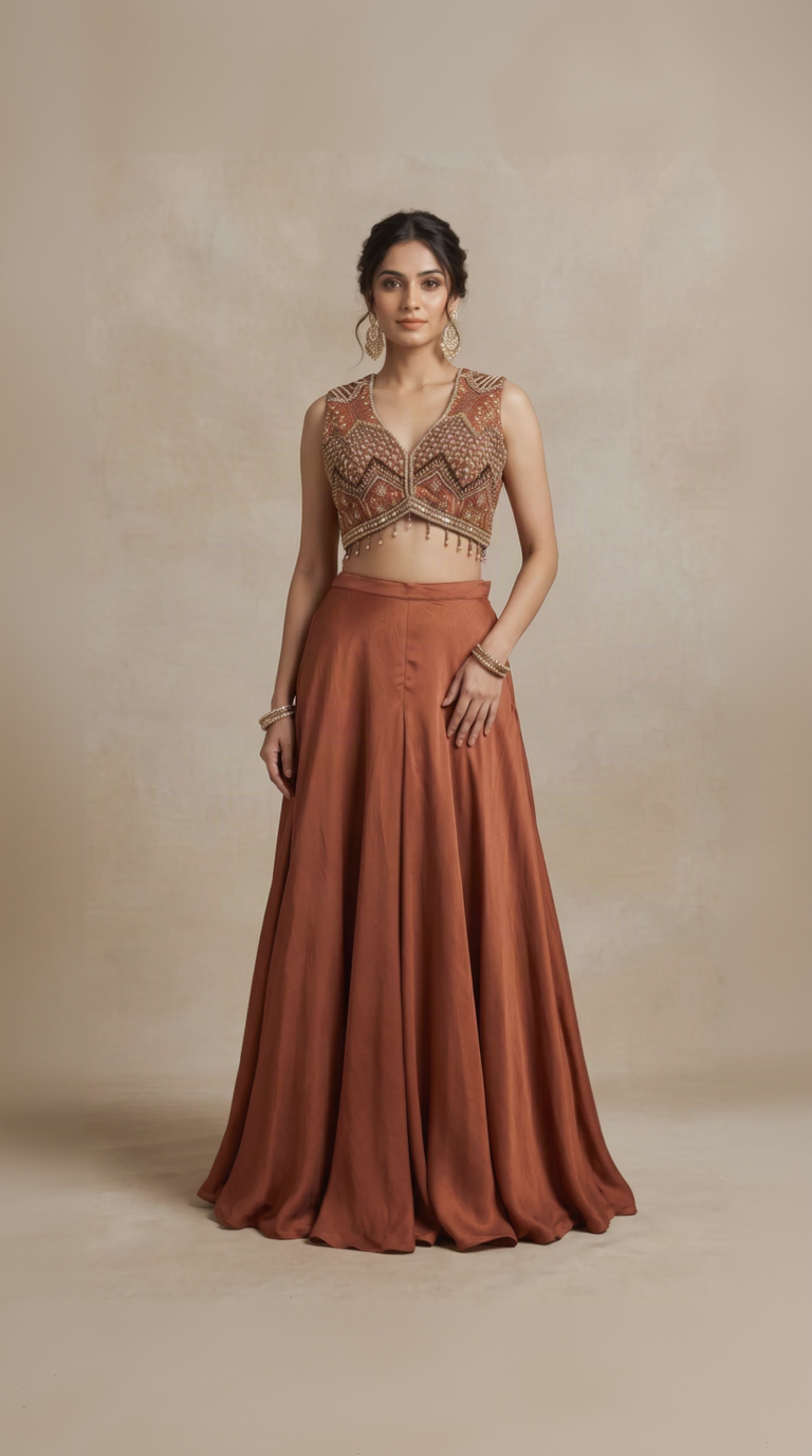 BROWN EMBELLISHED CROP TOP PALAZZO SET
