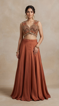 BROWN EMBELLISHED CROP TOP PALAZZO SET