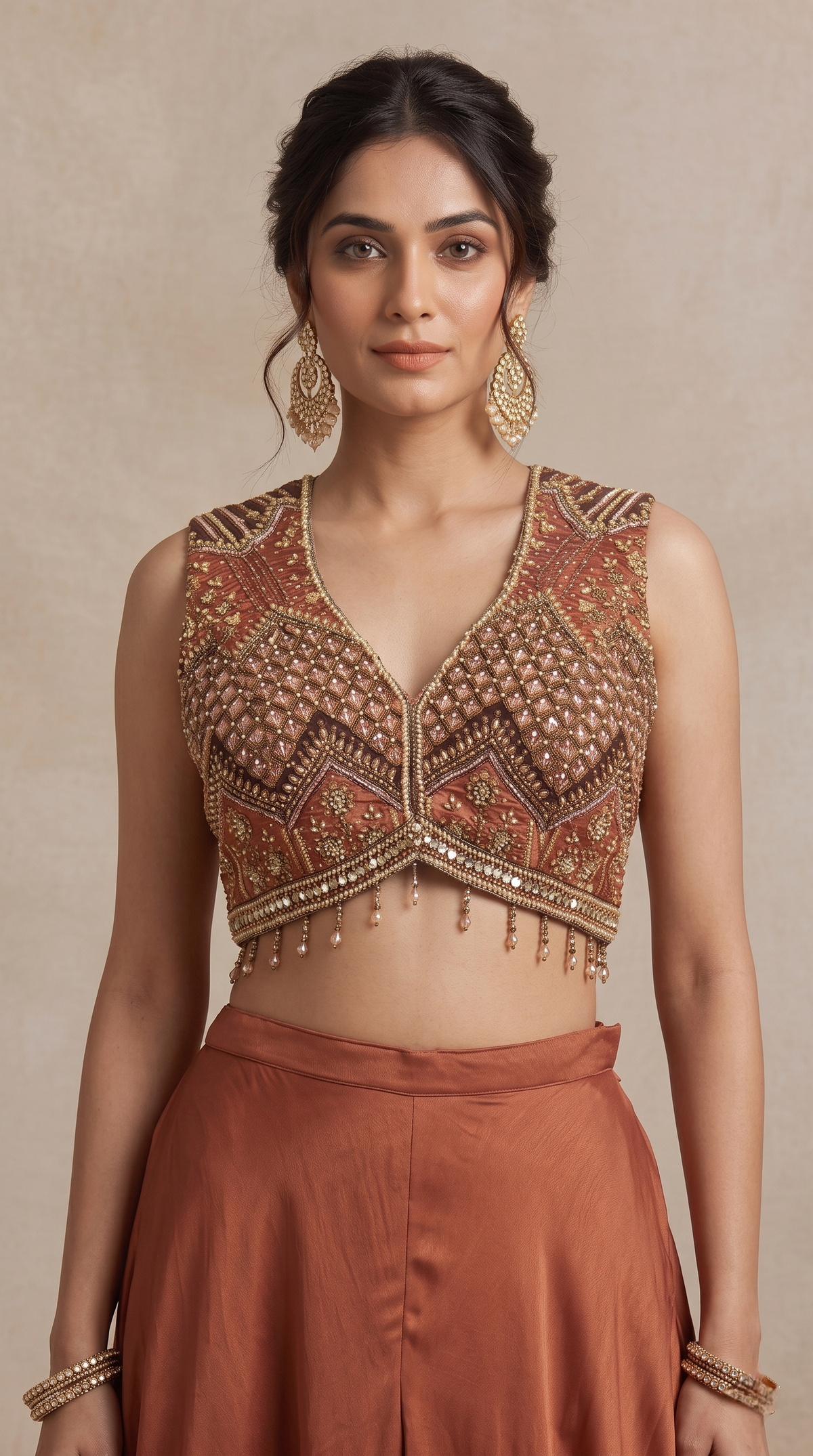 BROWN EMBELLISHED CROP TOP PALAZZO SET