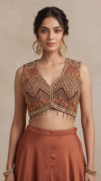 BROWN EMBELLISHED CROP TOP PALAZZO SET
