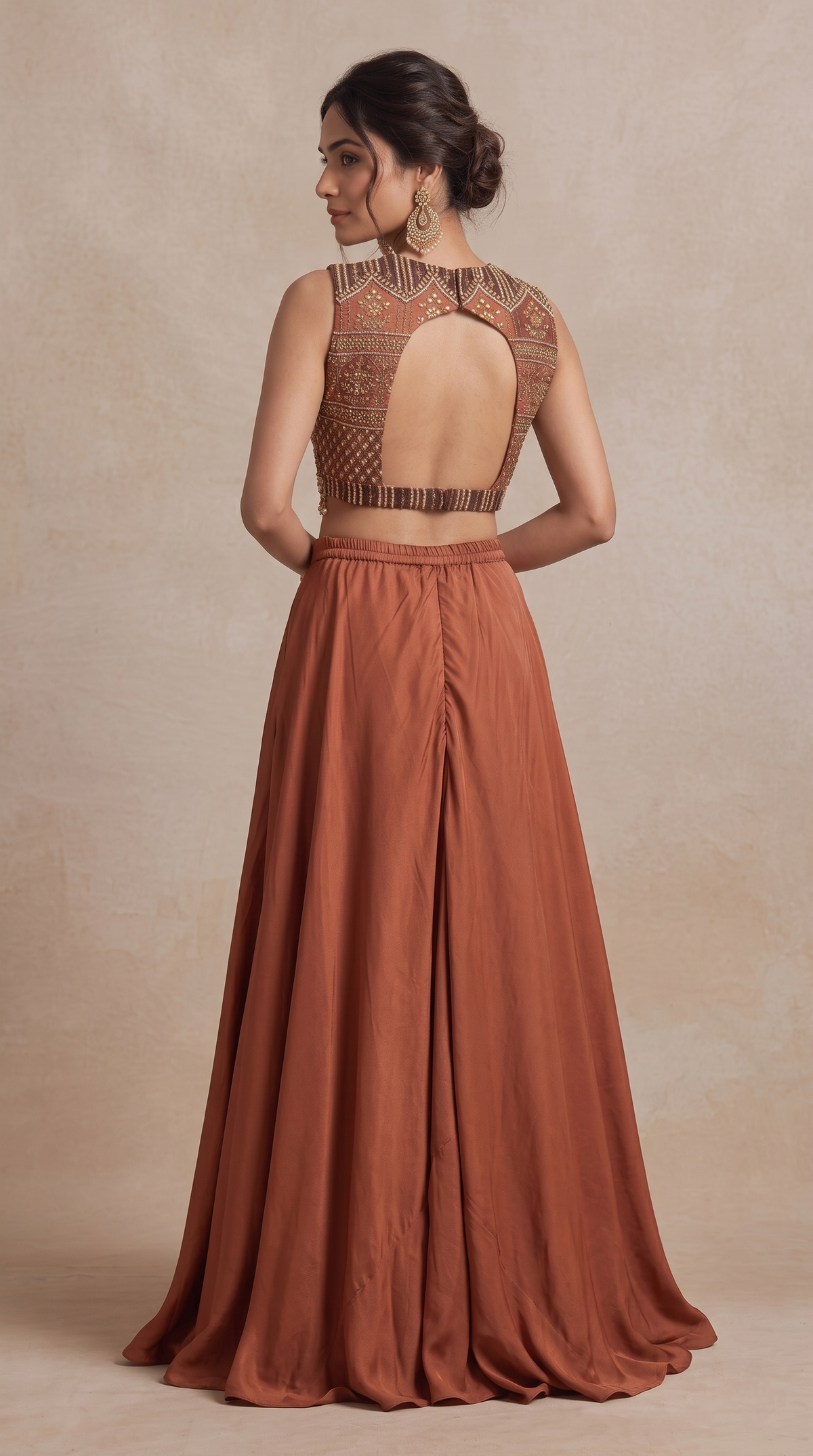 BROWN EMBELLISHED CROP TOP PALAZZO SET