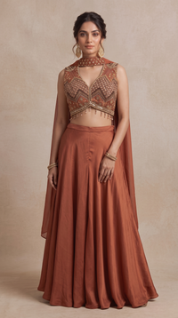 BROWN EMBELLISHED CROP TOP PALAZZO SET