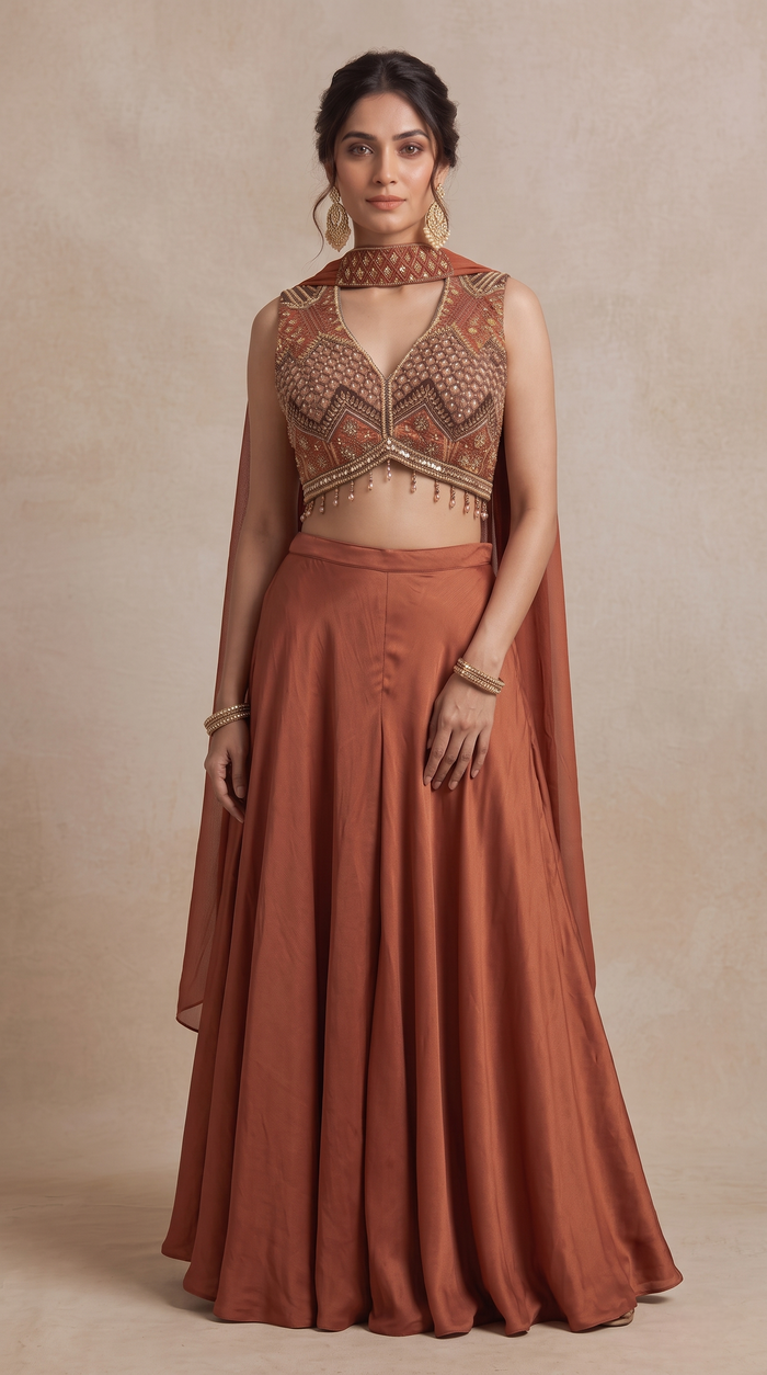 BROWN EMBELLISHED CROP TOP PALAZZO SET