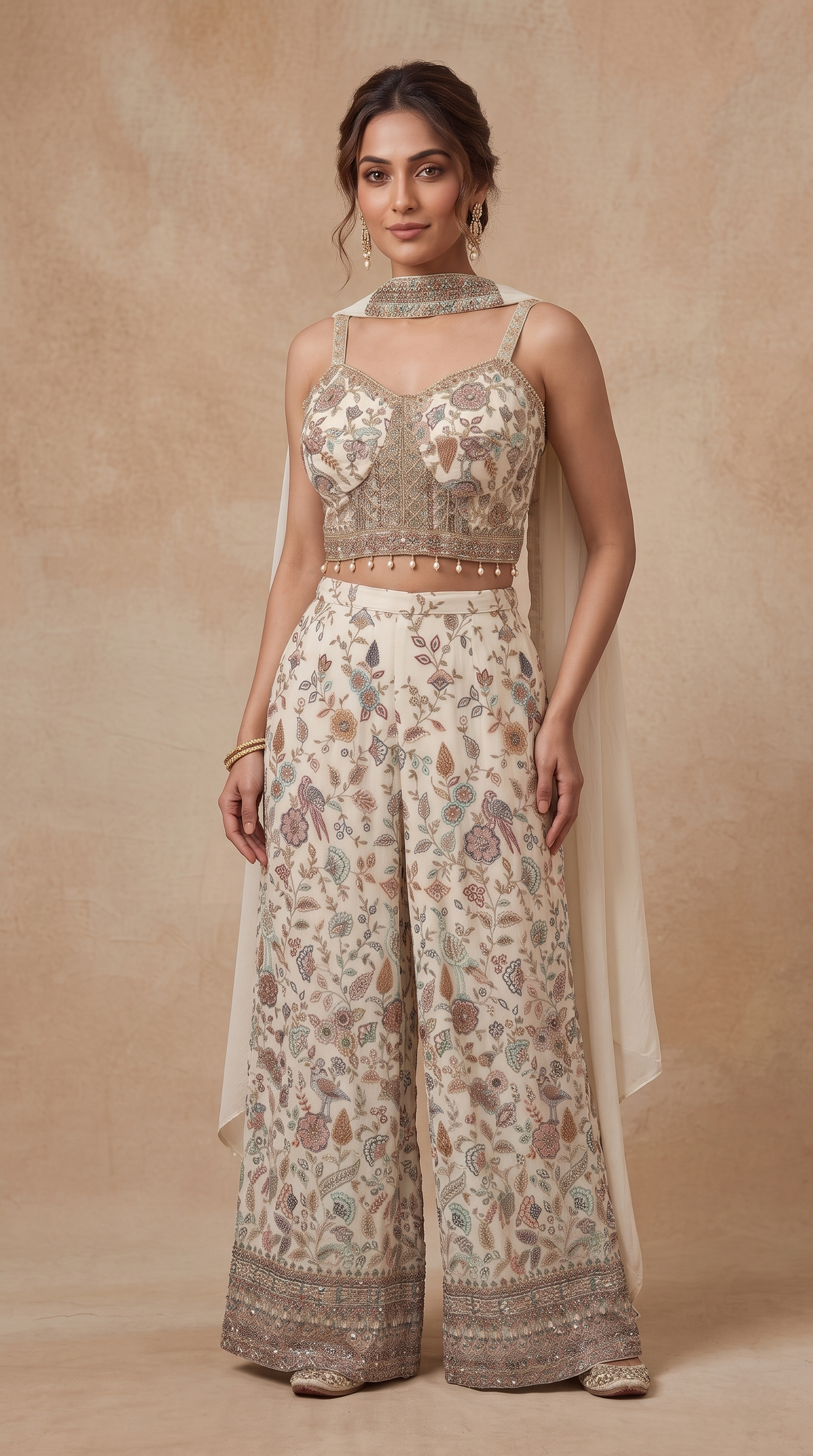 CREAM EMBROIDERED CROP TOP PALAZZO SET