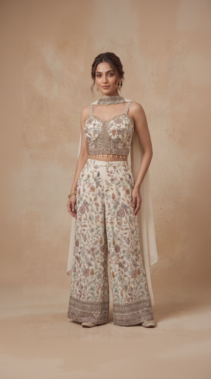CREAM EMBROIDERED CROP TOP PALAZZO SET