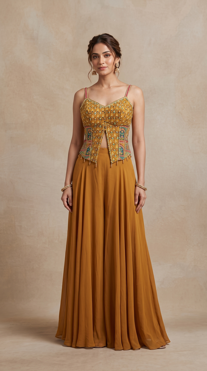 MUSTRAD MIRROR EMBROIDERED CORSET PALAZZO SET