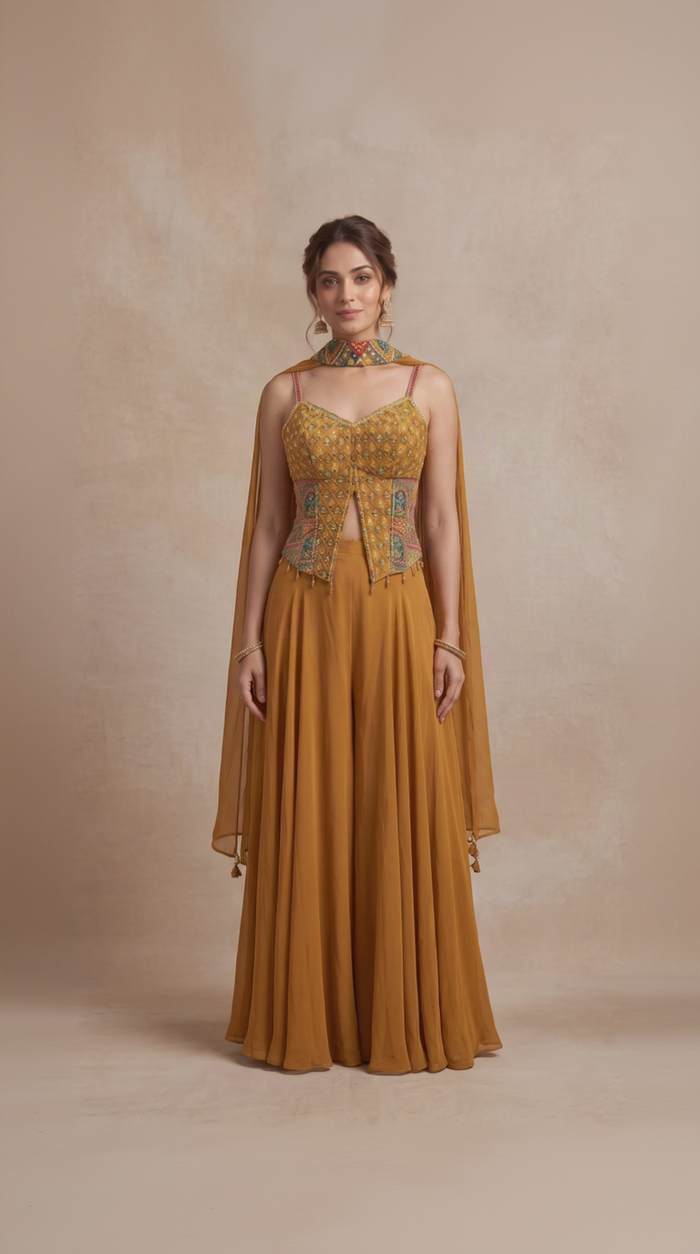 MUSTRAD MIRROR EMBROIDERED CORSET PALAZZO SET