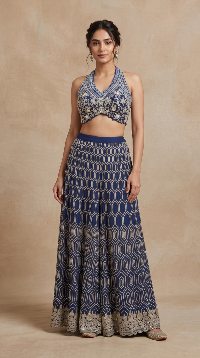 Blue halter neck party wear palazzo suit with intricate cutdana embellishments, perfect for wedding guest outfits, cocktail parties and receptions.