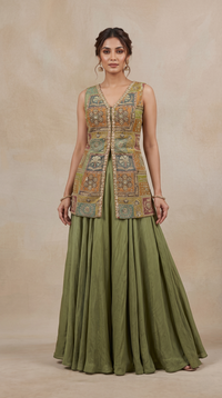 GREEN EMBELLISHED CREPE PALAZZO SET
