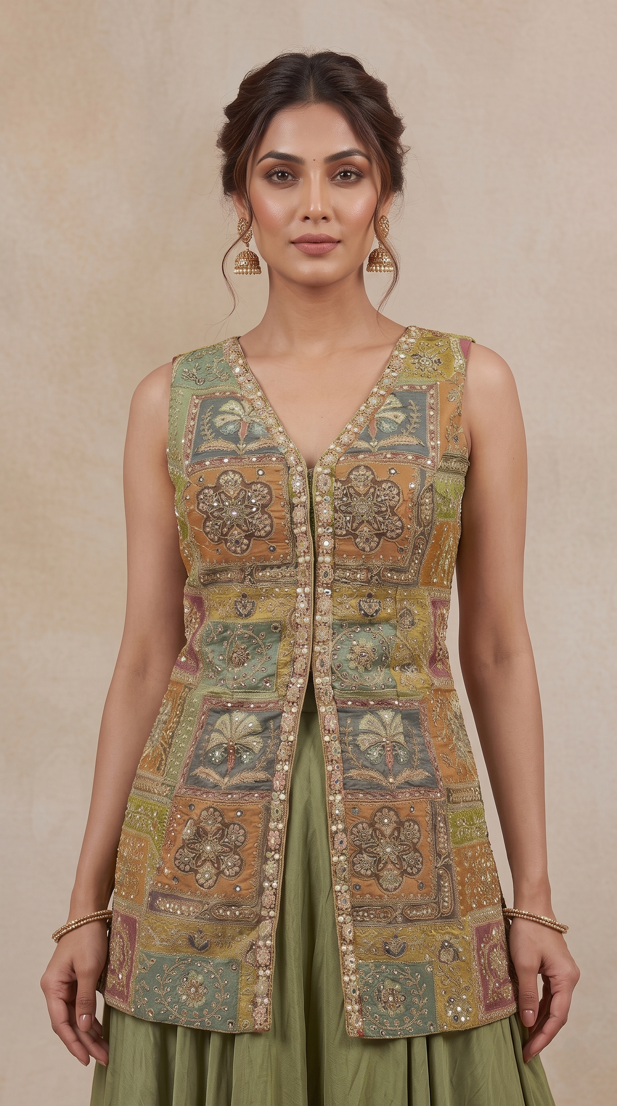 GREEN EMBELLISHED CREPE PALAZZO SET