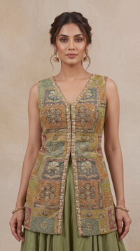 GREEN EMBELLISHED CREPE PALAZZO SET