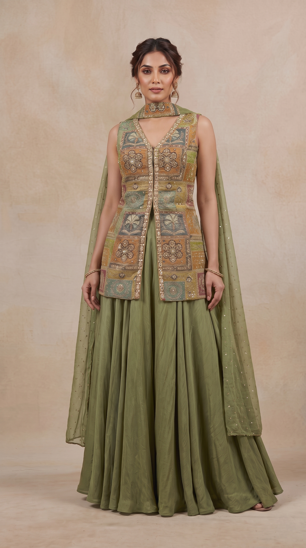 GREEN EMBELLISHED CREPE PALAZZO SET