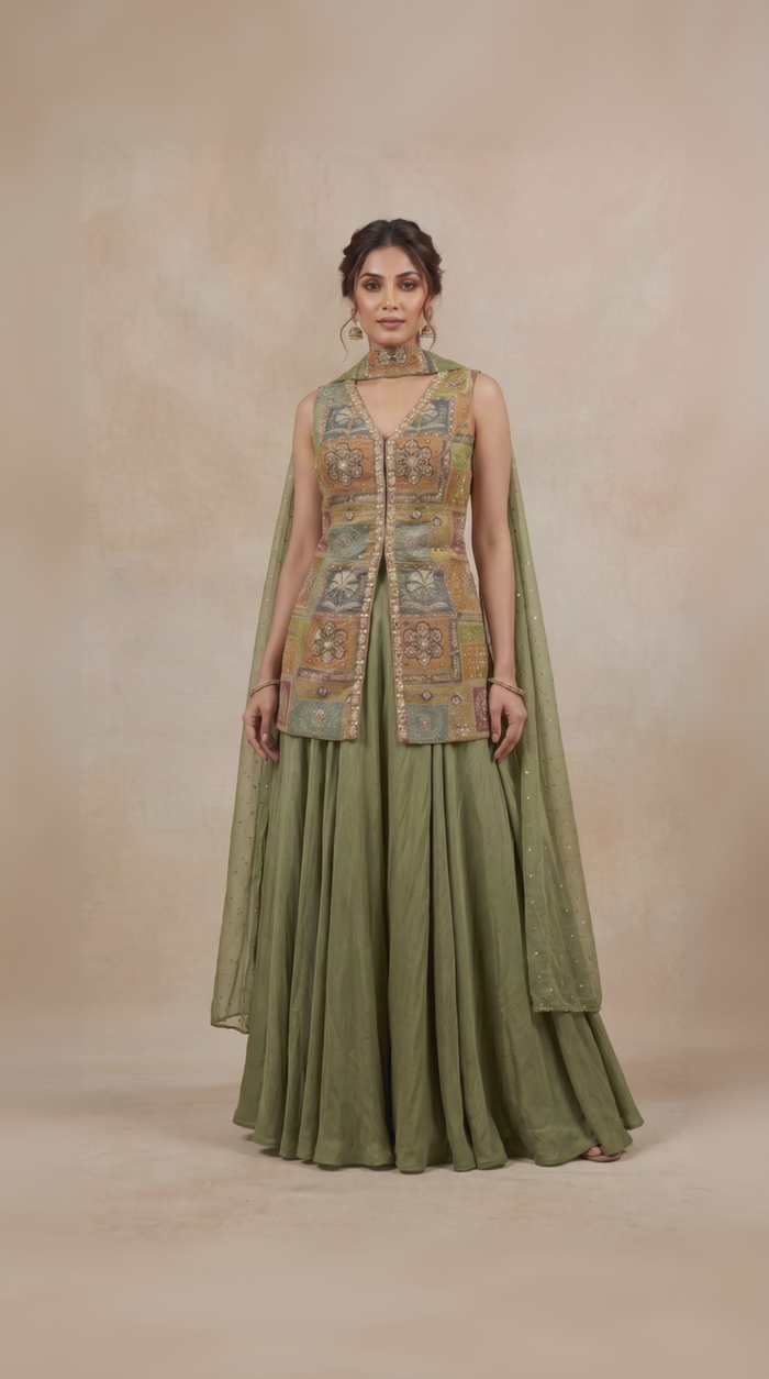 GREEN EMBELLISHED CREPE PALAZZO SET