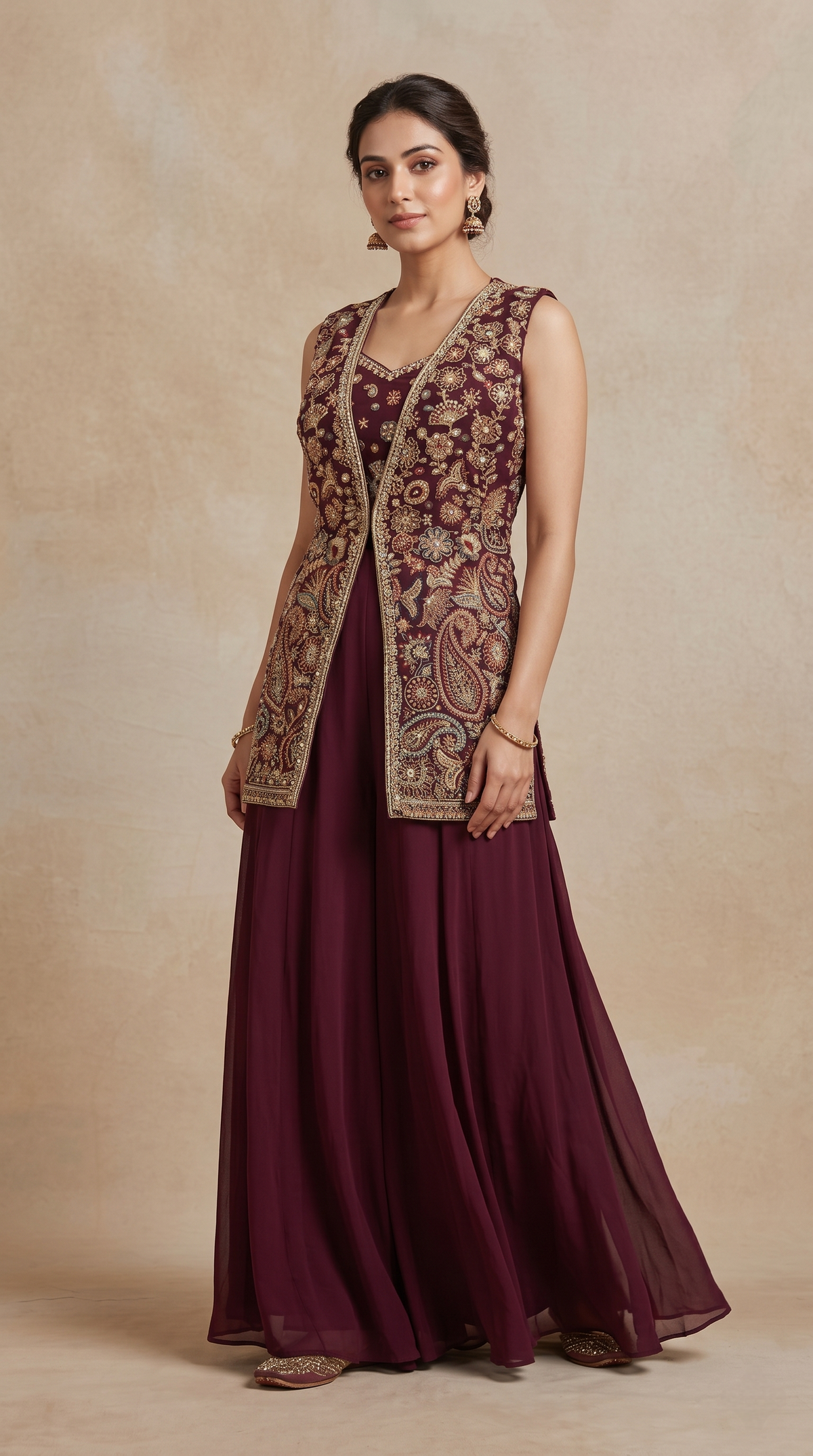 WINE SEQUINS EMBROIDERED GEORGETTE PALAZZO SET