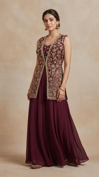 WINE SEQUINS EMBROIDERED GEORGETTE PALAZZO SET