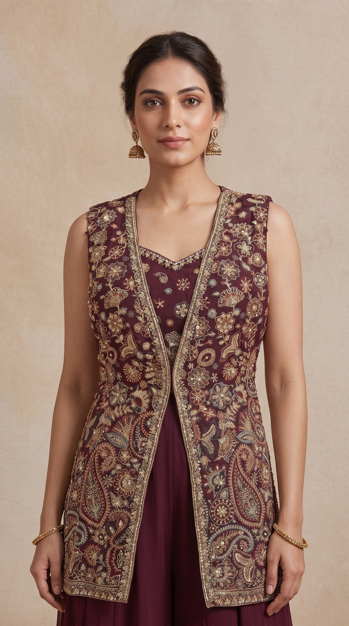 WINE SEQUINS EMBROIDERED GEORGETTE PALAZZO SET