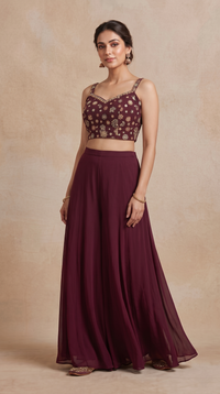 WINE SEQUINS EMBROIDERED GEORGETTE PALAZZO SET