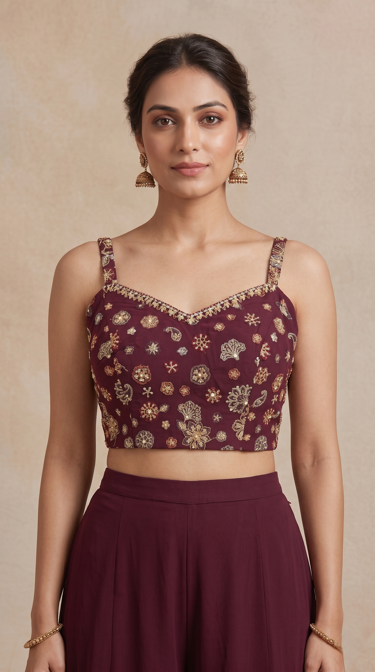 WINE SEQUINS EMBROIDERED GEORGETTE PALAZZO SET