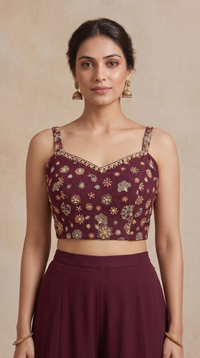 WINE SEQUINS EMBROIDERED GEORGETTE PALAZZO SET