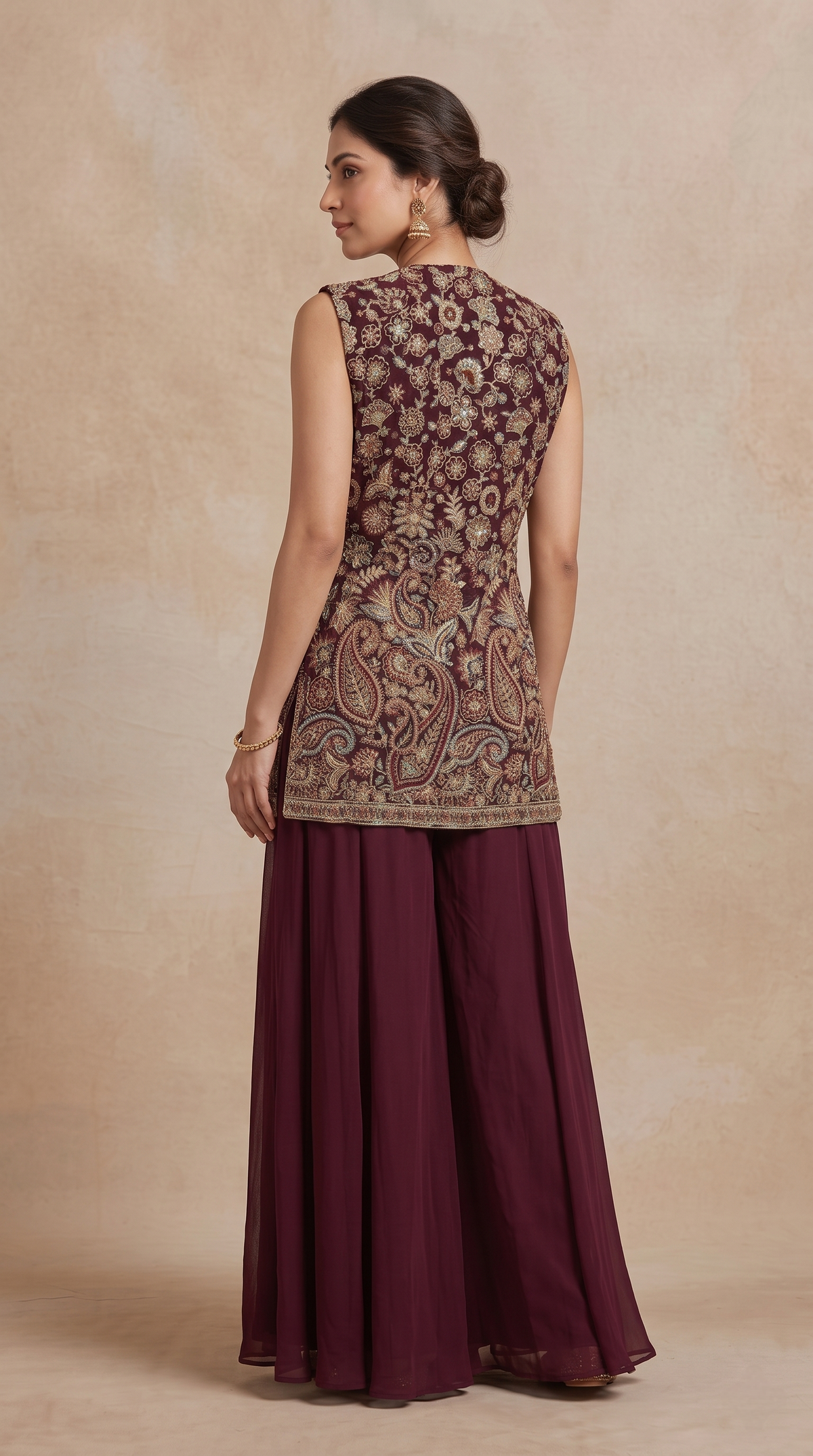 WINE SEQUINS EMBROIDERED GEORGETTE PALAZZO SET
