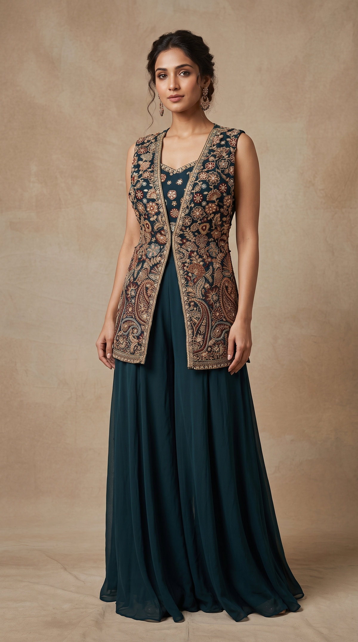 BLUE SEQUINS EMBROIDERED GEORGETTE PALAZZO SET