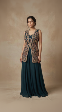 BLUE SEQUINS EMBROIDERED GEORGETTE PALAZZO SET
