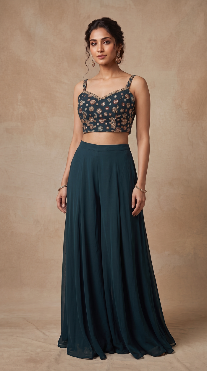 BLUE SEQUINS EMBROIDERED GEORGETTE PALAZZO SET