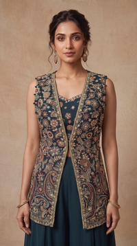 BLUE SEQUINS EMBROIDERED GEORGETTE PALAZZO SET