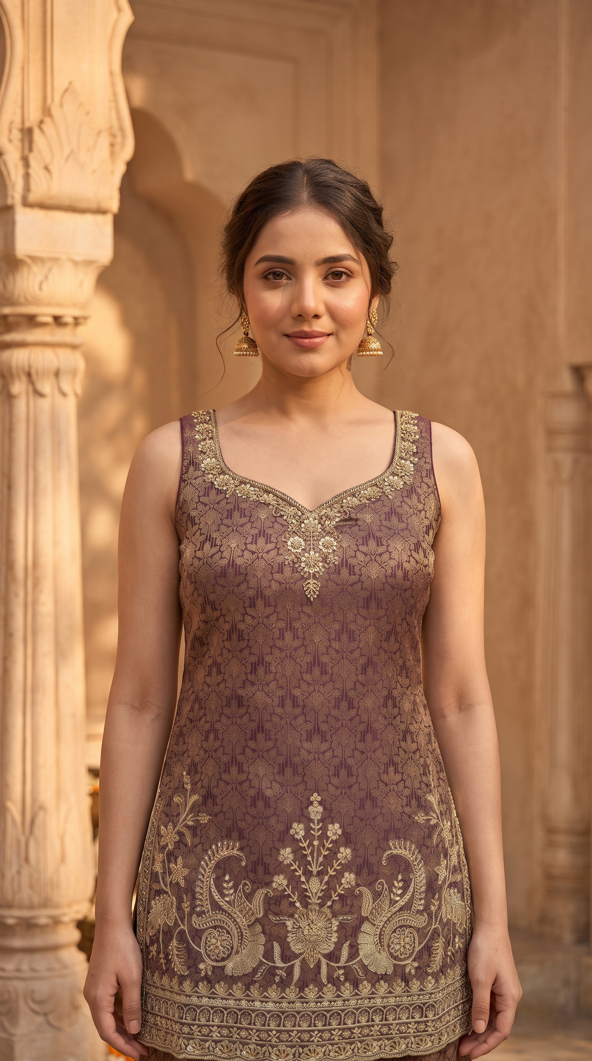 Wine party wear salwar suit with shimmering sequin work, premium ethnic outfit for engagement parties, receptions and special occasions.